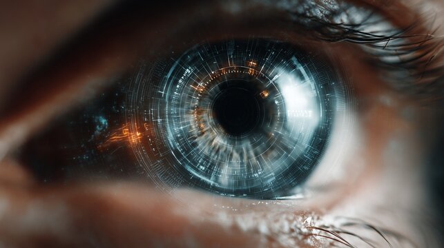 A human eye scanning into a holographic passkey system, iris recognition animation, glowing lines and codes, extremely detailed cybersecurity concept.