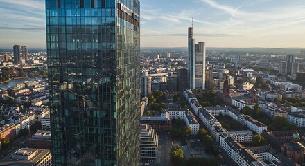 Aerial view showcases modern skyscrapers amid city's dense urban sprawl during the golden hour