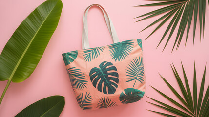 Stylish tote bag with a vibrant tropical leaf pattern displayed against a soft pink background with lush green palm fronds
