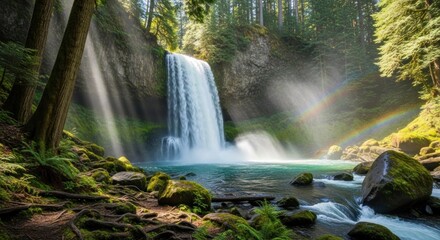 A majestic waterfall cascades down a rocky cliff into a serene pool, surrounded by lush greenery and a rainbow in the sky.