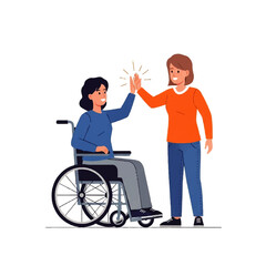 Fototapeta premium Two women celebrating with a high five, one in a wheelchair.