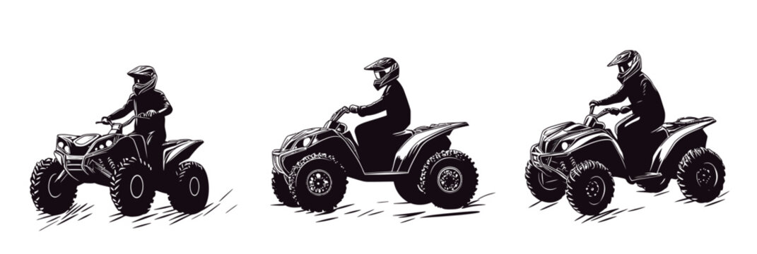 Set of three ATV quad bike riders silhouette illustrations in motion side view on white background minimal flat vector design elements for extreme off road motorsport and adventure concept