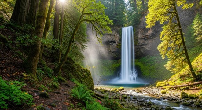 A serene waterfall cascades down a lush green forest, with sunlight filtering through the trees, creating a tranquil and picturesque scene. - Powered by Adobe
