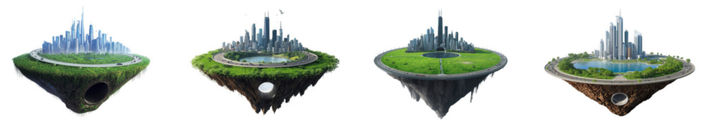 Floating island with futuristic city and green landscape isolated on transparent background