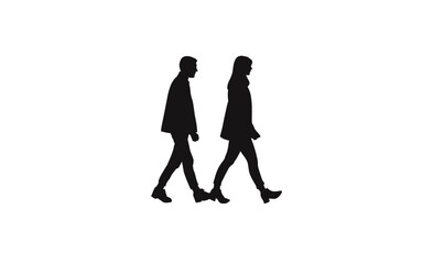 Silhouette of man and woman walking side by side in black minimalist flat vector style isolated on white background