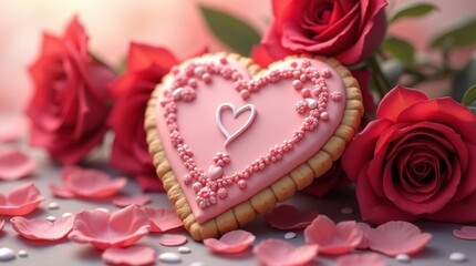 Heart shaped cookie with pink frosting and red roses for romance