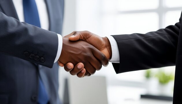 Diverse business professionals shaking hands, sealing a partnership deal, creating a strong foundation for corporate success, making an important professional connection of African countries - Powered by Adobe
