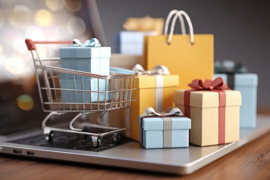 Online shopping cart filled with gift boxes rests on a laptop keyboard, representing e-commerce.