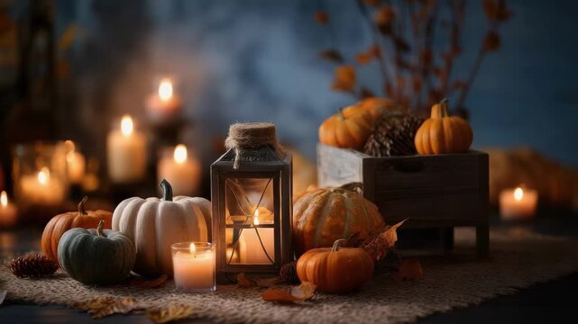 Autumn pumpkins, pinecones, and lanterns with glowing candles create a cozy fall display.