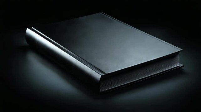 Closed black book on dark background with dramatic lighting