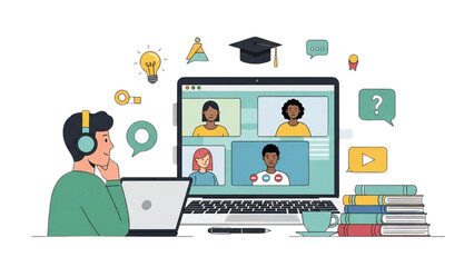 Student engaged in virtual classroom video call, highlighting remote learning and online education technology