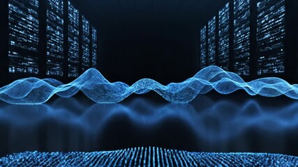 Abstract digital data visualization of a server room with blue waves. - Powered by Adobe