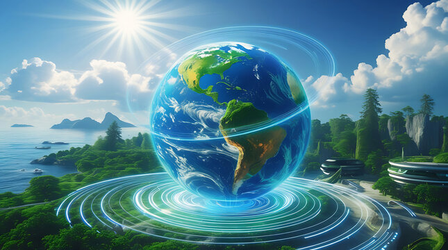 Futuristic earth with sustainable technology and lush green environment - Powered by Adobe