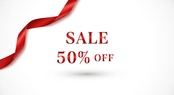Red ribbon 50 off sale. Red Ribbon isolated on white background. Red ribbon vector icon. Banner Sale in flat gesign. Banner symbol