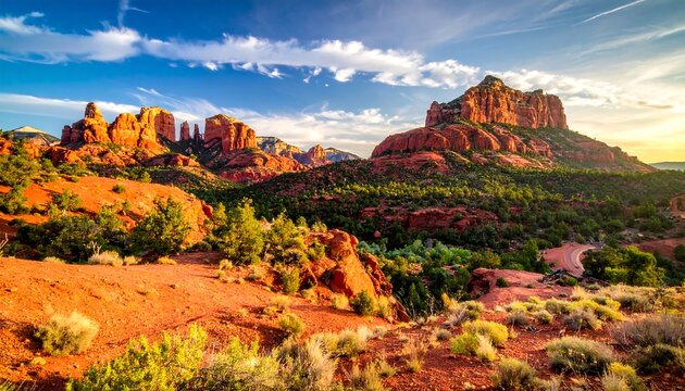 Vibrant landscape of red rock formations with blue sky and scattered vegetation under the clear sunlight