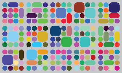Abstract colorful pattern with varied rounded squares, circles, and oblongs