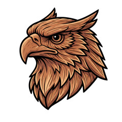 Wood carving of an eagle's head. Isolated on a white background.