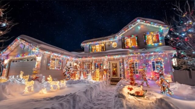 House exterior illuminated with festive lights at night