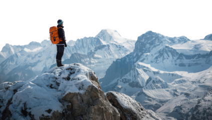 Adventurous hiker standing on a snowy mountain peak, looking out at the vast mountain range under a clear sky isolated on transparent background