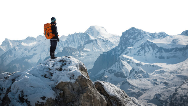 Adventurous hiker standing on a snowy mountain peak, looking out at the vast mountain range under a clear sky isolated on transparent background