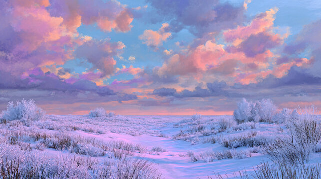 Christmas frozen meadow with colorful sky 