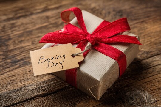 A beautifully wrapped gift sits on a wooden surface, marked with 'Boxing Day'.