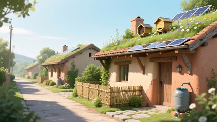 Obraz premium Eco-friendly village with solar panels and green roofs — sustainable rural homes with wildflowers, beehives, and natural architecture