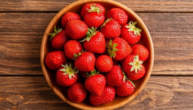 Fresh ripe strawberries filling a rustic wooden bowl, healthy eating, summer fruit, and natural organic produce on a dark wood background, wallpaper for printed materials, notepads and calendars