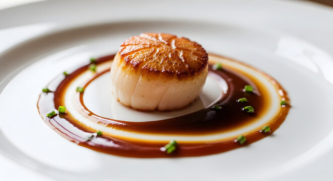 Pan- Seared Scallop Presented Elegantly on a White Plate with Dark Sauce Swirl and Chives seafood - Powered by Adobe