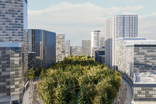 Aerial 3D render of modern city with tall buildings and park
