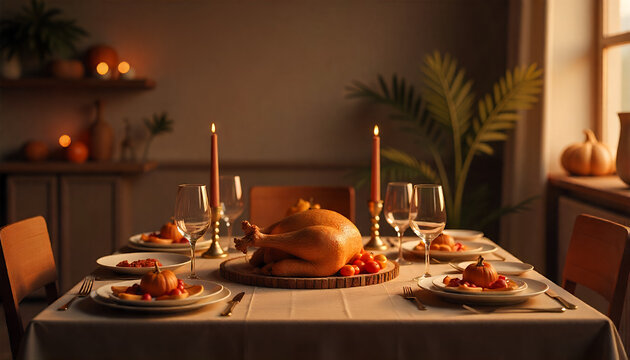 Thanksgiving menu on a candlelit table with romantic lighting. - Powered by Adobe