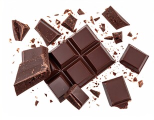 Fototapeta premium Dark chocolate bar, broken pieces, scattered crumbs