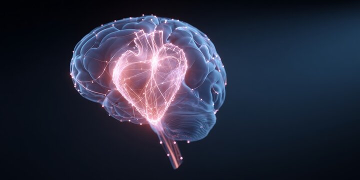 Emotional intelligence concept showing glowing heart inside a human brain