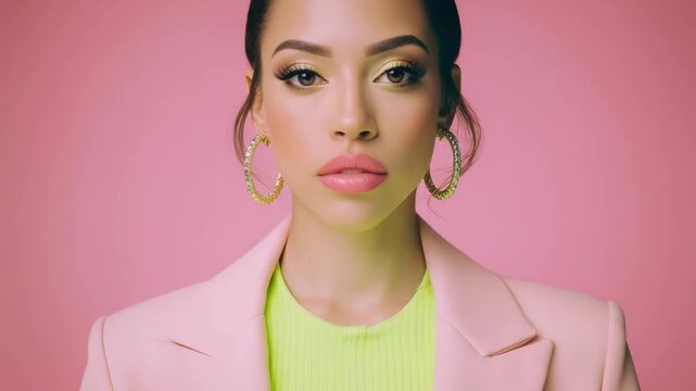 Close-up fashion portrait of a woman with pink lipstick, hoop earrings, neon green top, and a pink blazer against a pink backdrop.