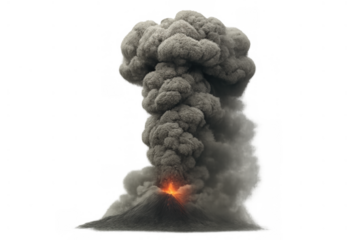 Volcano erupting, sending a towering column of ash and smoke into the sky, with glowing lava at its peak on a transparent background