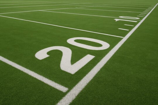 Close-up view of 20-yard line on American football field with green turf and white markings, symbolizing game strategy and sport preparation concept. Ai generative