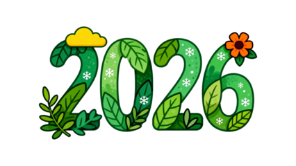 2026 Year Text Decorated with Green Leaves Flowers and Snowflakes new year celebration isolated on a transparent background