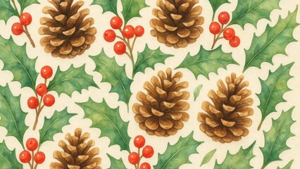 Fototapeta premium Festive pinecones and holly pattern desktop wallpaper