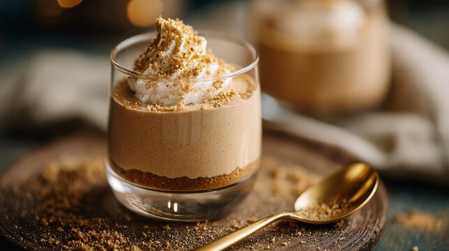 A gingerbread mousse in small glass cup, golden spoon beside