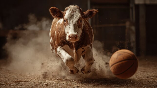Calf playing basketball in a barn, showcasing activity and fun in a country setting during daytime