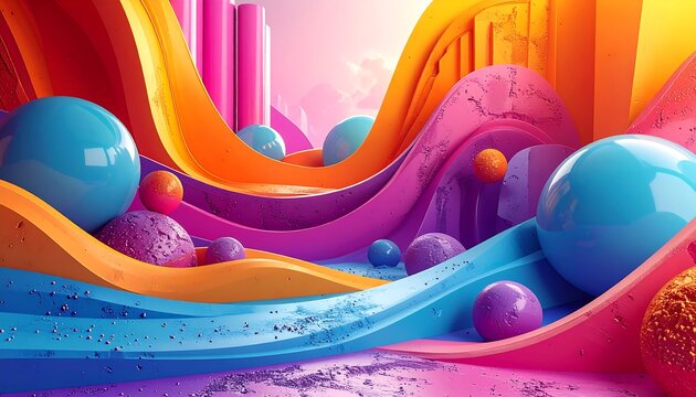 Vibrant, layered abstract landscape with flowing curves and floating spheres, creating a dynamic, dreamlike atmosphere
