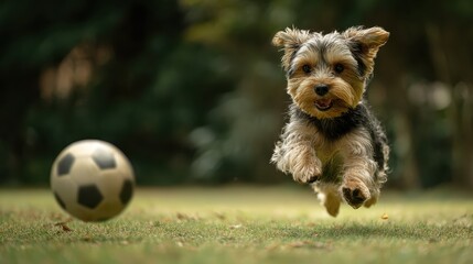 Playful dog chases soccer ball in a sunny park during the afternoon