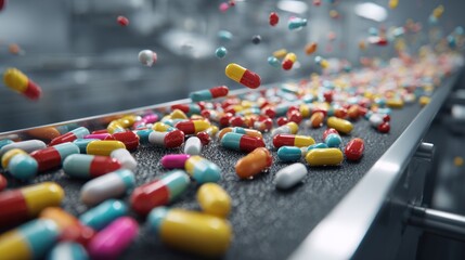 Colorful pharmaceutical pills on conveyor belt representing production