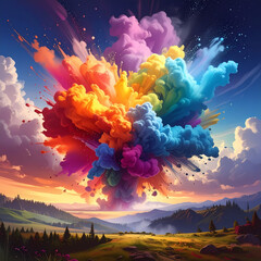 Explosive burst of vibrant color clouds with dramatic sky and landscape