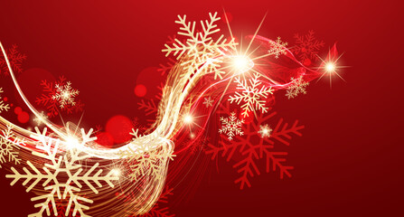 Festive New Year background. Abstract wave with golden snowflakes.