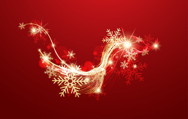 Festive New Year background. Abstract wave with golden snowflakes.