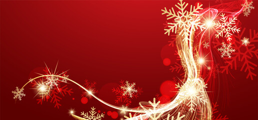 Festive New Year background. Abstract wave with golden snowflakes.