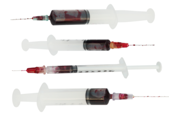 studio photograph capturing four disposable medical syringes filled with dark liquid, likely blood, arranged horizontally and isolated on a clean transparent background.