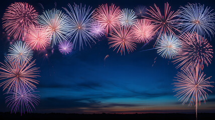 Vibrant colorful fireworks exploding in a dark night sky creating a festive celebratory archway over a twilight horizon
