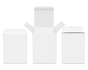 three isolated white cardboard packaging boxes in different states, including closed, open, and front and side views, rendered realistically on a transparent background.